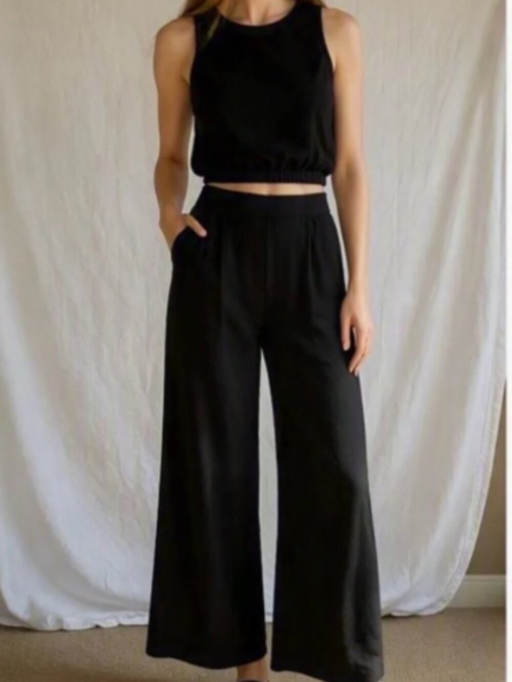 Black Womans Matching Set - Top and Wide-Leg High-Rise Pants